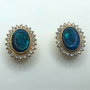 VTG Abalone & Crystal Gold Tone Stud Earrings Costume 1.2”